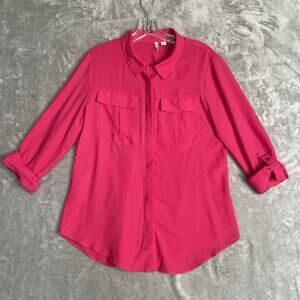 NEW Cato Top Women Medium Pink Button Up Blouse Collared Roll-Tab Sleeve Chiffon